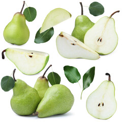 Fresh pears and green leaves on white background, collage