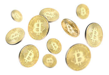 Cryptocurrency. Golden bitcoins falling on white background