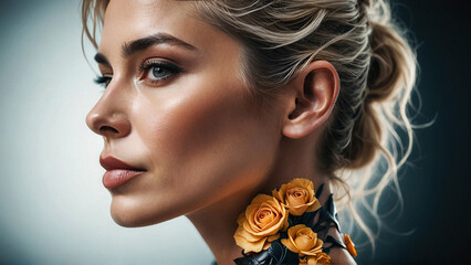 Beautiful Woman with Rose Tattoo. Beauty Portrait