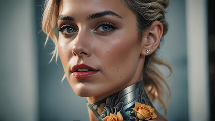 Beautiful Woman with Rose Tattoo. Beauty Portrait
