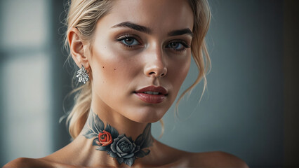 Beautiful Woman with Rose Tattoo. Beauty Portrait