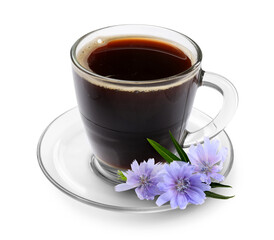 Chicory drink in glass cup and flowers isolated on white