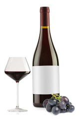 Luxurious red wine in bottle with blank label, glass and grapes isolated on white
