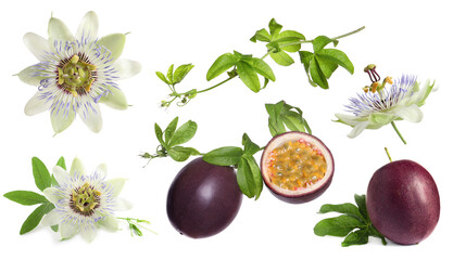 Passion fruits, flowers and green leaves isolated on white, set