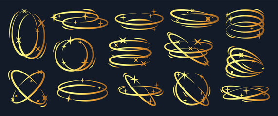 Golden y2k oval frames. Brutalist old school ellipse shapes with stars and sparkles, precious oval frames flat vector illustration set. Abstract aesthetic symbols