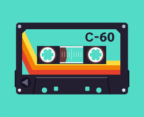 Retro music cassette poster. Audio tape backdrop, pop music album tape design flat vector background illustration. Cartoon old school music audio tape