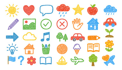 Hand-Drawn Colorful Icon Set, Children's Scribbles Style