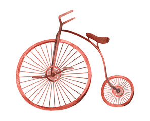 Watercolor illustration of a vintage 19th century bicycle isolated on white background
