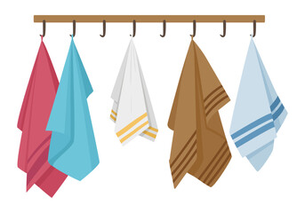 Textile towels. Fabric hand towels, kitchen or shower hanging foot towels, fabric towels on hanger flat vector illustration. Cartoon bathroom textile