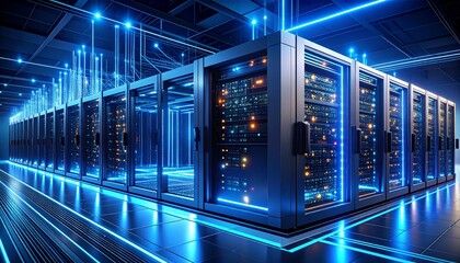 Futuristic data center Servers glowing intensely