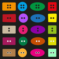 Button icon set. Color sewing symbol. Fabric fastener vector. Rectangle background.