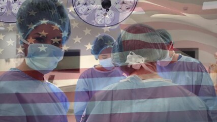 Flag overlay initiating American health OR showing surgical team adjusting tools and aiding surgery - Powered by Adobe