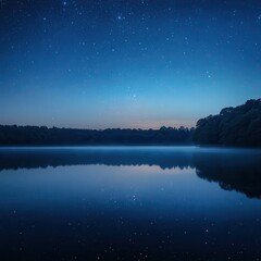 A serene lake with perfectly balanced reflections of a starry sky Focus on the lake reflections