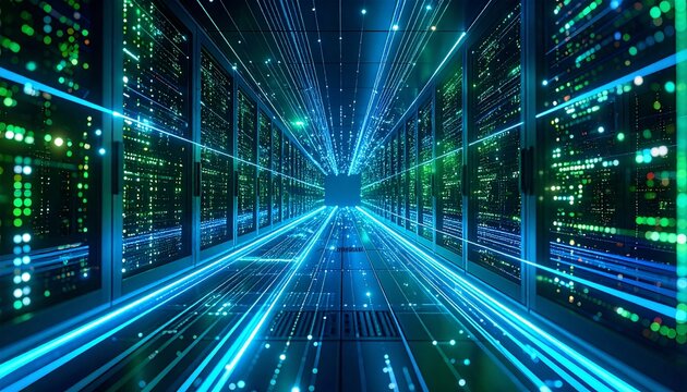 Digital corridor in vibrant green and blue hues