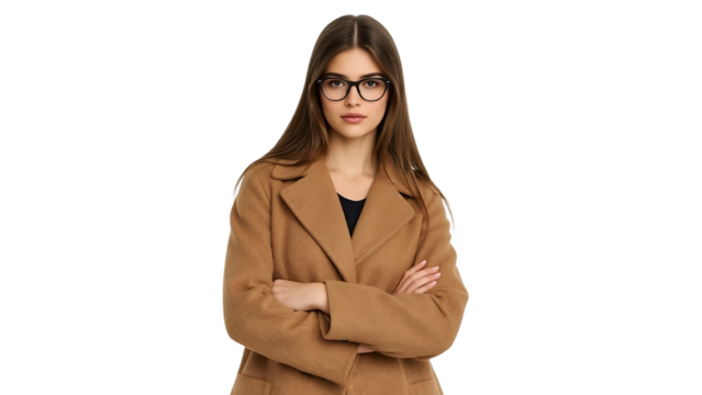Young woman with long hair wearing brown coat and glasses, white background,face,suit,beauty