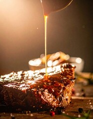Editorial Generative AI - Close-up of dripping honey over a succulent cooked steak with spices and herbs on a rustic wooden surface with warm lighting