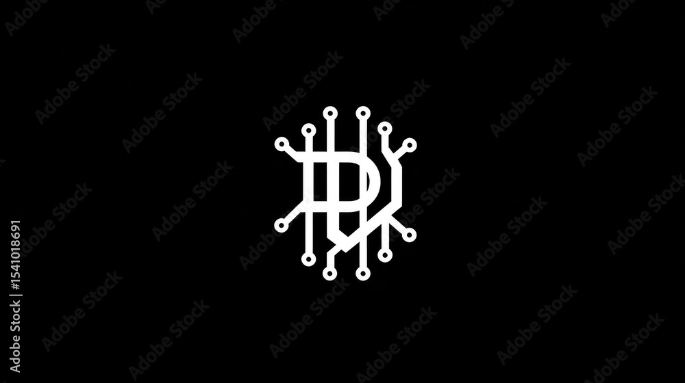 Poster minimal logo with tech circuit forming a capital letter monogram in dark mode style