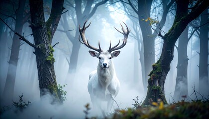 Misty forest encounter with majestic white stag