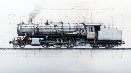 Obraz premium Steam Locomotive Technical Illustration with Annotations