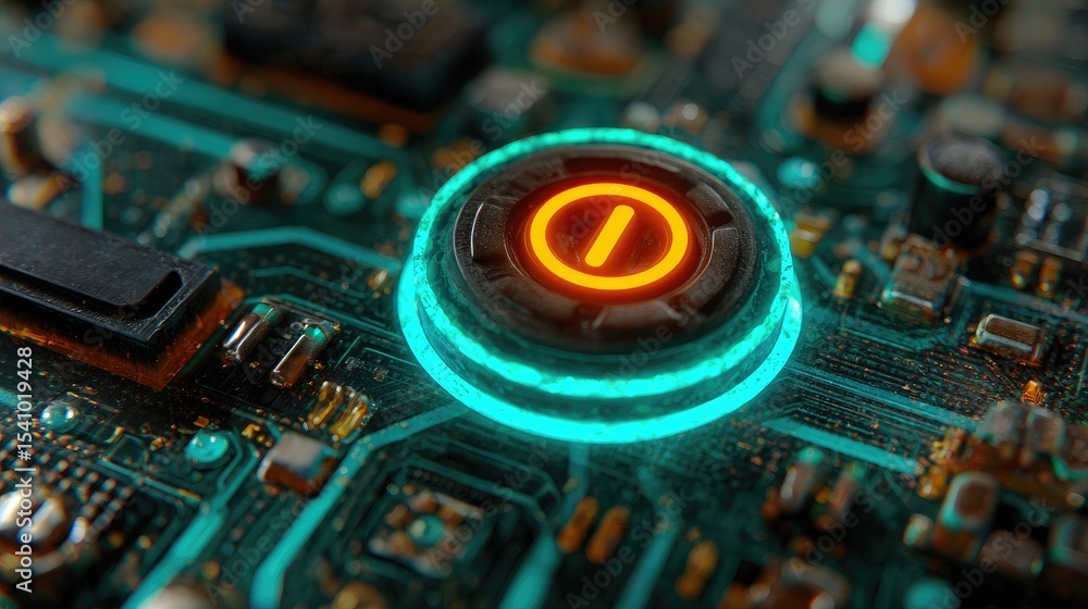 Aufkleber power button symbol illuminated with futuristic glow on digital circuit board