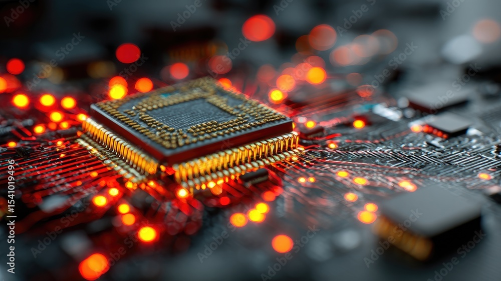 Poster realistic processor layout zoomed into chipboard with digital light overlays