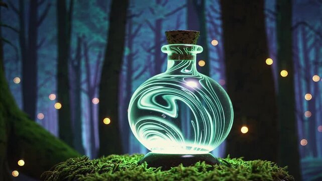 Luminous green swirling potion in a glass vial with cork, placed on moss in a dark enchanted forest. Ideal for fantasy games, magical item showcases, or role-playing visuals.