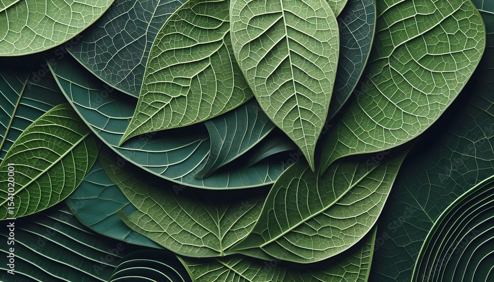 Poster flat lay of layered green leaves showing textured surfaces and natural vein patterns in calming comp