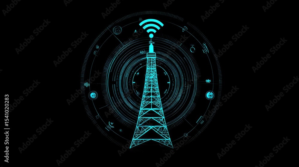 Poster signal tower symbol with concentric wireless waves and tech details