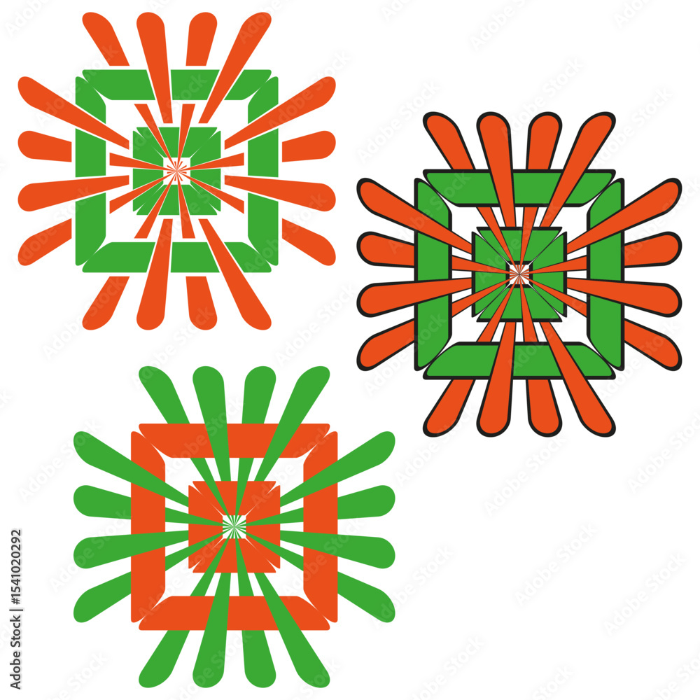 Poster geometric swirl mix. square center pattern. vector abstract icons. green orange red.