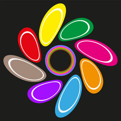 Color petal icon. Flower symmetry vector. Abstract bloom shape. Black background.