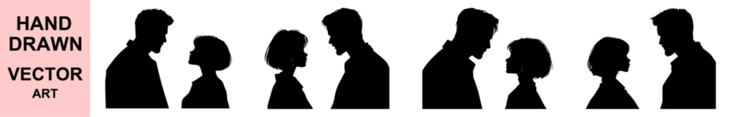 Romantic couple silhouette looking at each other, hand drawn emotional relationship black vector illustration, love intimacy art design for decor
