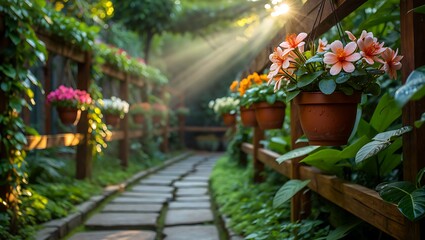 Serene Garden Path Sunlit Flowers and Lush Greenery