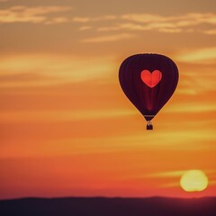 Fototapeta premium A romantic Valentines Day hot air balloon over a sunset