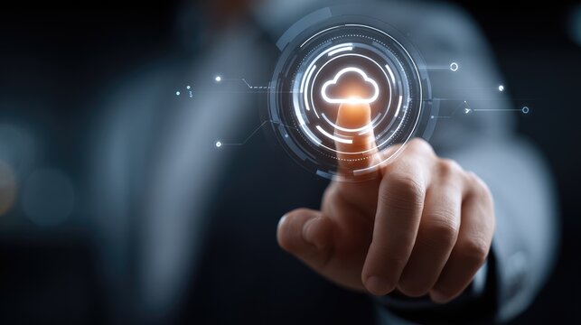 Tech interface with virtual buttons, cloud icons, and futuristic blue tones