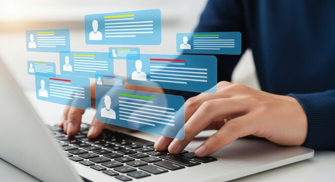 Businessman Collaborating with Team via Laptop Messaging Platform | Employee Communication and Knowledge Sharing on Internal Social Network | Futuristic Holographic Generative icon 