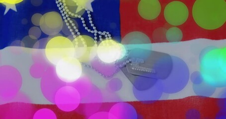 Translucent circles fading in then floating over military dog tags on US flag creating bokeh effect - Powered by Adobe