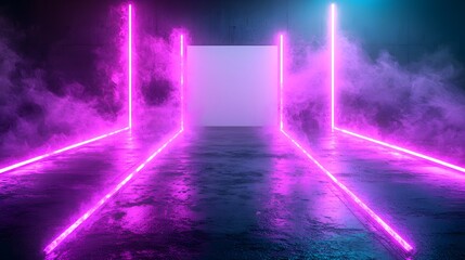 Neon light corridor with smoke and concrete floor.