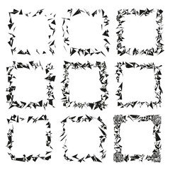 Distorted border frames. Black vector outlines. Grunge square shapes. Abstract edge icons.