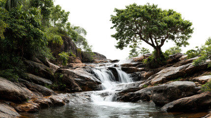 Fototapeta premium Cascading waterfalls in lush jungle nature serene landscape peaceful environment cut out png