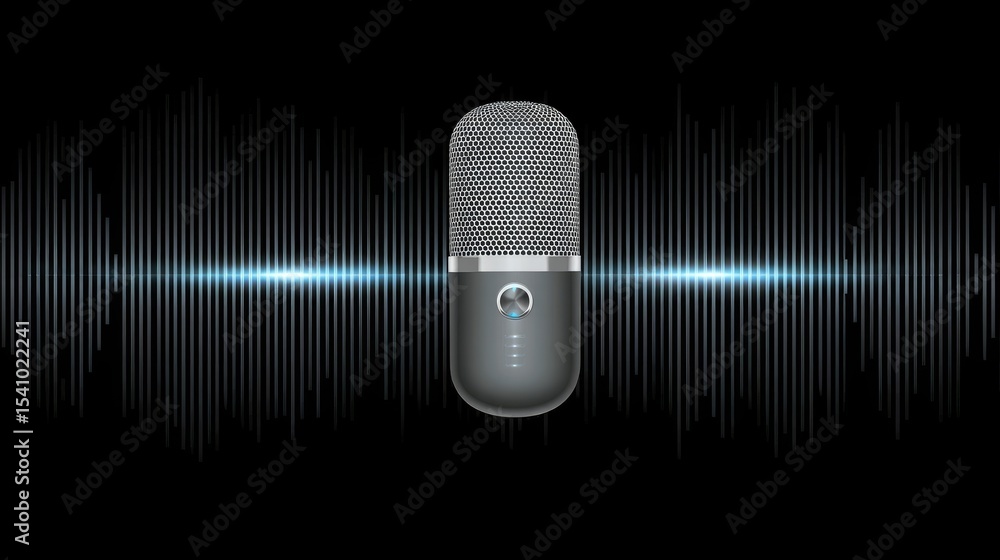 Poster voice assistant symbol with microphone and sound wave pattern in tech vector