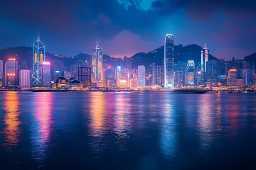 Fototapeta premium Hong Kong skyline at night with reflection in the water, China.