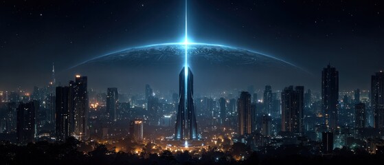 Futuristic city at night with an ethereal light source