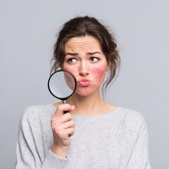 A woman with a skin condition, examining her face with a magnifying glass, expresses worry