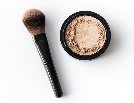 Cosmetic powder compact and brush on white - Powered by Adobe