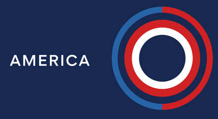 AMERICA text with patriotic circular logo. Red, white, and blue concentric rings design on a dark blue background. National symbol concept.