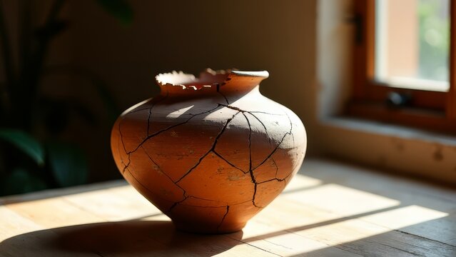 Cracked clay pottery in soft sunlight still life