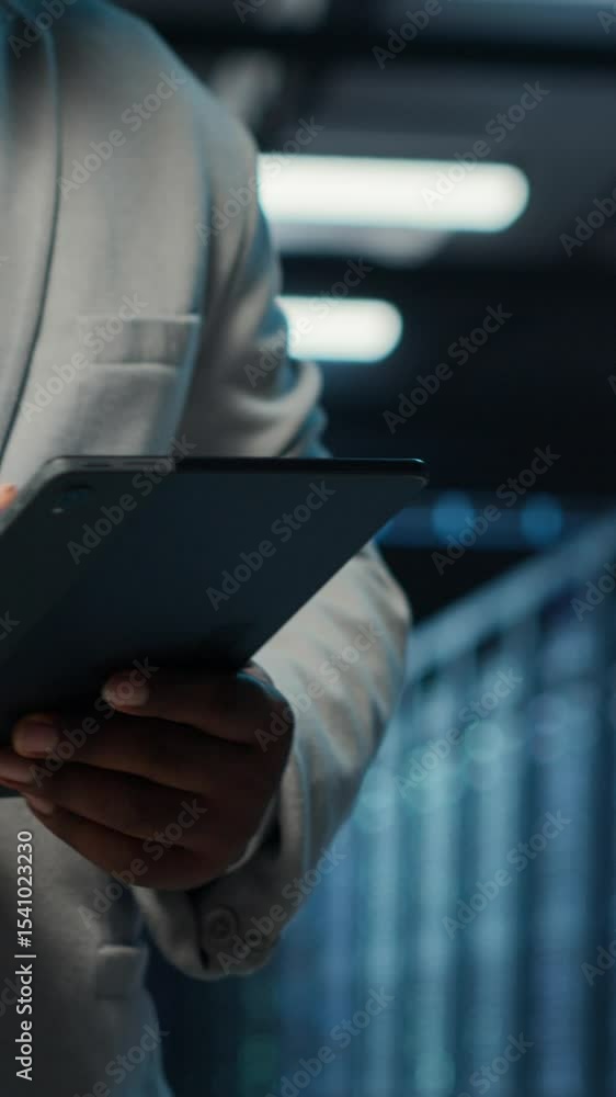 Poster vertical video data center workplace system administrator coding on tablet, doing software updates. 