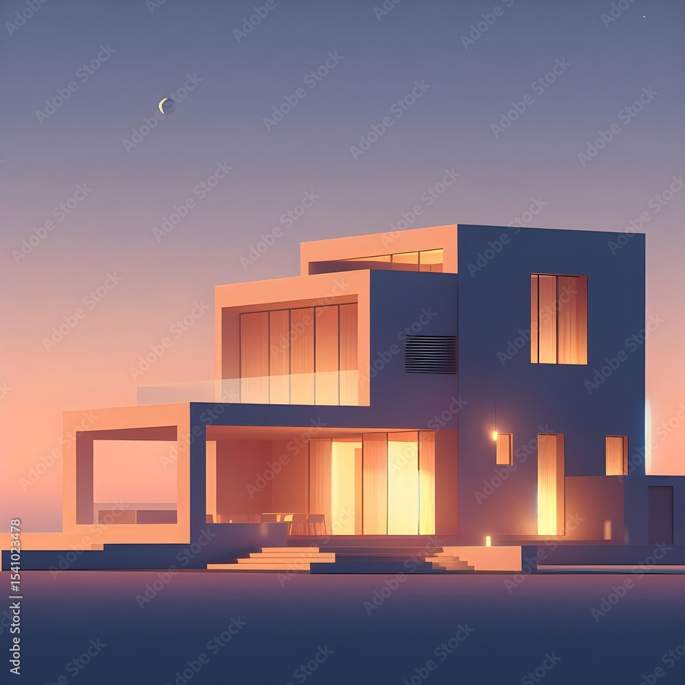 Poster clean vector art of contemporary house at twilight with geometric forms and subtle color transitions