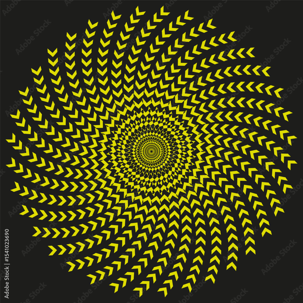 Poster yellow arrow spiral. black background illusion. vector circular pattern. twisting motion symbol.