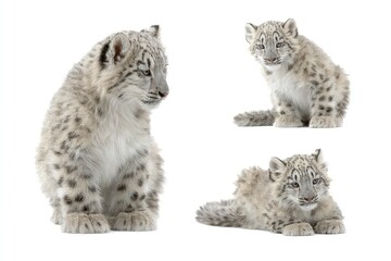 Naklejka premium Snow Leopard Cubs, Fluffy Spotted Fur and Expressive Features isolated on white background